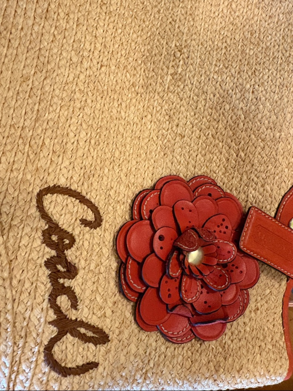 Coach Straw Tote with Red Leather Handles and Flower Charm - Picture 4 of 5